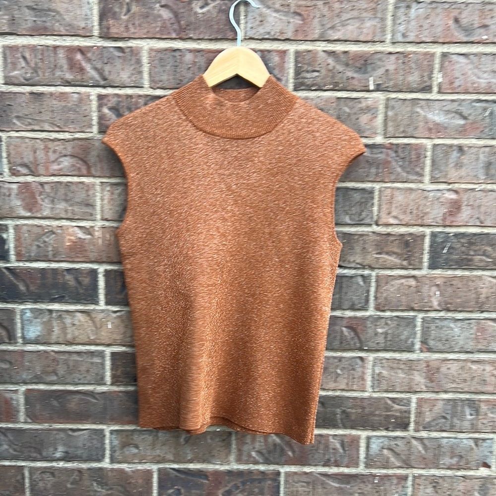 Coldwater Creek M Copper Sparkle Knit Top Sleeveless Mock Neck Shimmer Shell